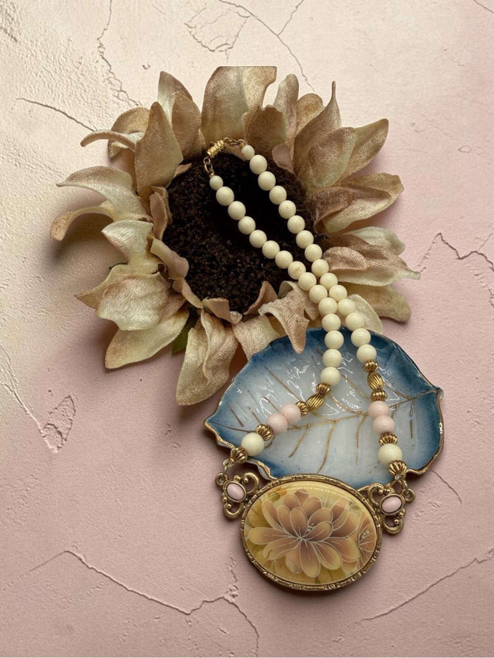 Vintage 1928 Lotus Flower Medallion Necklace w/ White, Gold, and Pink Beads